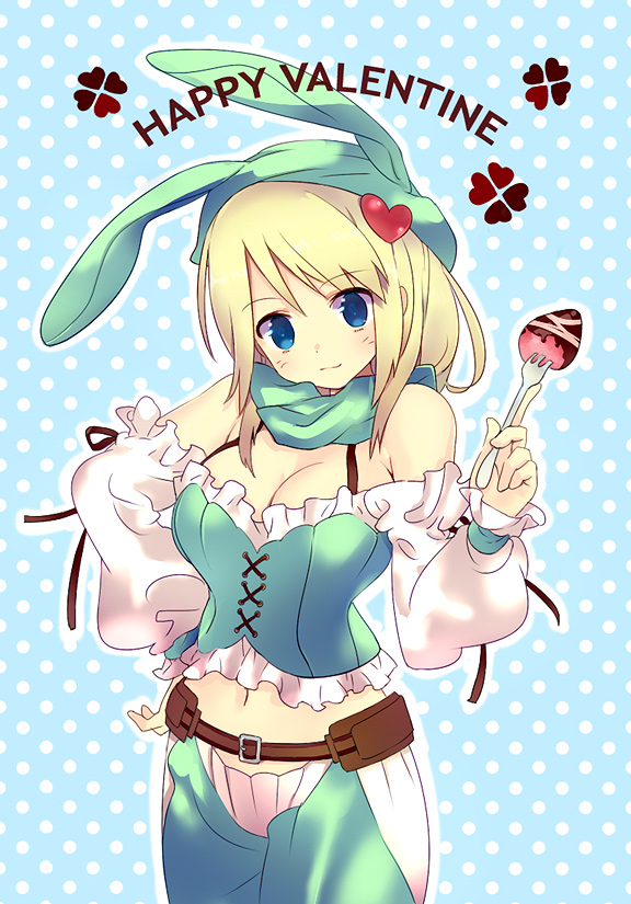 animal_ears arutopian blonde_hair blue_eyes bunny_ears corset food fruit hair_ornament hairpin happy_valentine heart heart_hair_ornament hood long_hair ragnarok_online ranger ranger_(ragnarok_online) scarf smile solo strawberry valentine