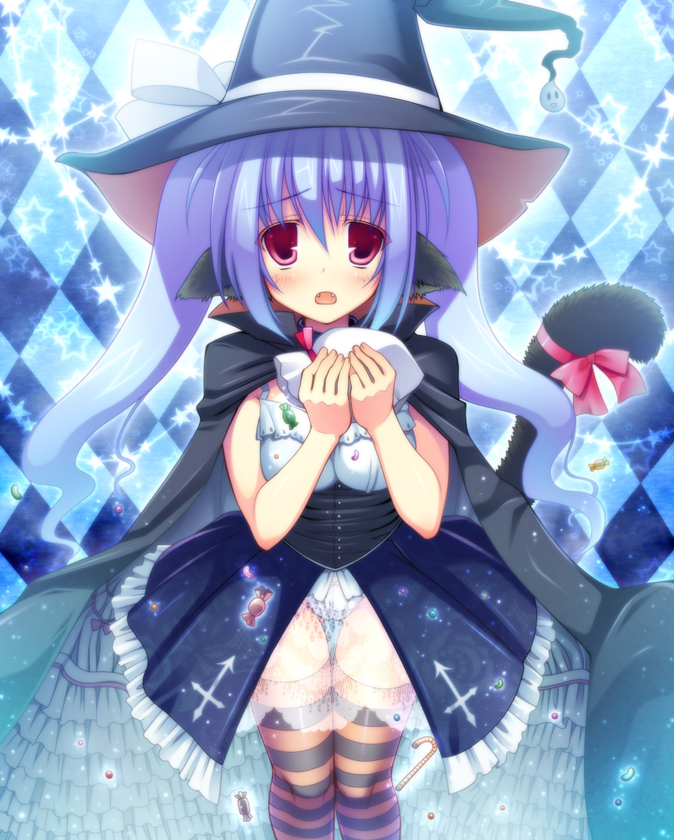 animal_ears blue_hair blush bow candy candy_cane cape cat_ears fangs food futase_hikaru halloween hat highres original purple_hair solo striped striped_legwear tail thighhighs twintails witch_hat