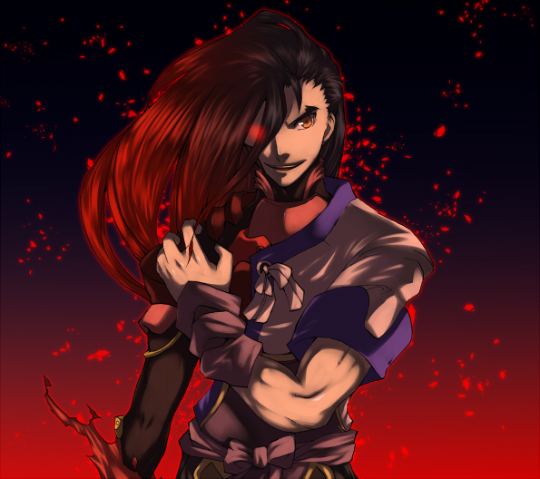 bad_id bad_pixiv_id dual_persona embers fei_fong_wong glowing glowing_eye glowing_eyes id_(xenogears) long_hair male_focus red_hair smile spoilers torn_clothes transformation xenogears yosimura