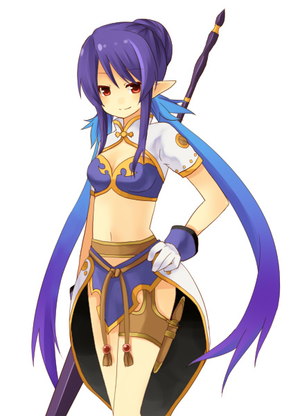 blue_hair gloves hand_on_hip judith long_hair midriff pointy_ears polearm purple_eyes smile solo spear tales_of_(series) tales_of_vesperia weapon white_gloves yuzuki_(yuduame)