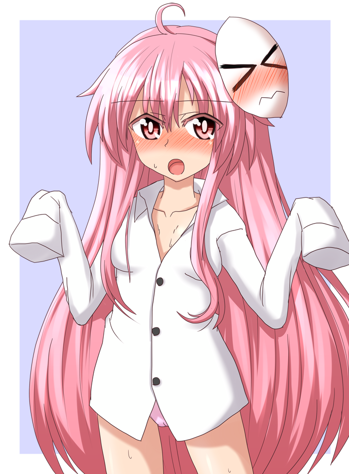 &gt;_&lt; blush closed_eyes collarbone face-to-face hata_no_kokoro long_hair looking_at_viewer no_pants open_mouth oversized_clothes panties pink_eyes pink_hair pink_panties shirt sleeves_past_fingers sleeves_past_wrists solo teoi_(good_chaos) thighs touhou underwear very_long_hair wavy_mouth