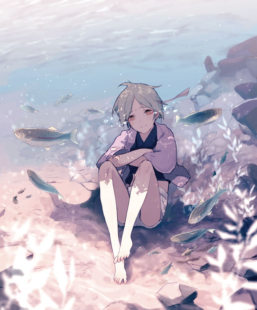 air_bubble androgynous animal barefoot blue_hair blush bubble crossed_arms fish light_smile looking_at_viewer male_focus miyanoyori original seaweed short_hair shorts sitting solo submerged tears underwater water