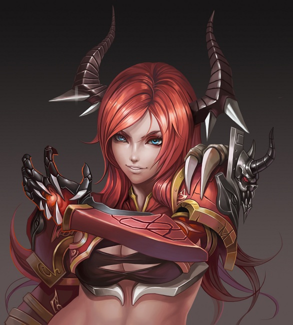 banned_artist black_background blue_eyes breasts cleavage gauntlets gradient gradient_background horns large_breasts long_hair looking_at_viewer midriff parted_lips pauldrons red_eyes red_hair solo upper_body yinan_cui