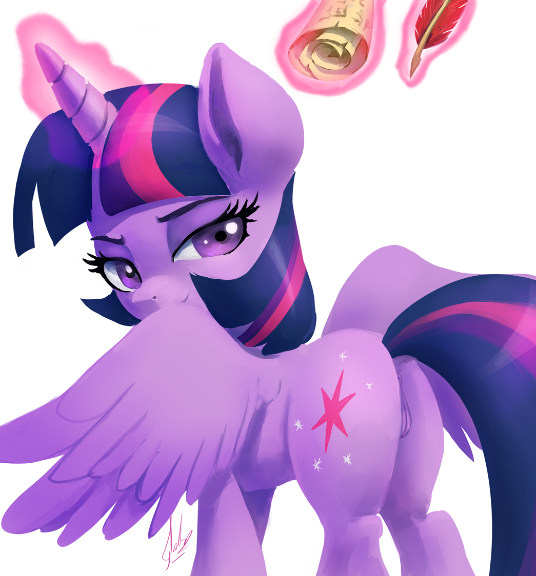 2019 bedroom_eyes butt cutie_mark equine eyebrows eyelashes feathers female feral friendship_is_magic hair half-closed_eyes horn looking_at_viewer loose_feather magic mammal multicolored_hair my_little_pony pussy quill raikoh-illust scroll seductive simple_background solo twilight_sparkle_(mlp) unicorn white_background