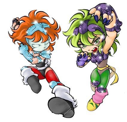 2girls aquila_marin armor artist_request card_(medium) chibi claws female galaxy_card green_hair mask multiple_girls ophiuchus_shaina orange_hair saint_seiya simple_background