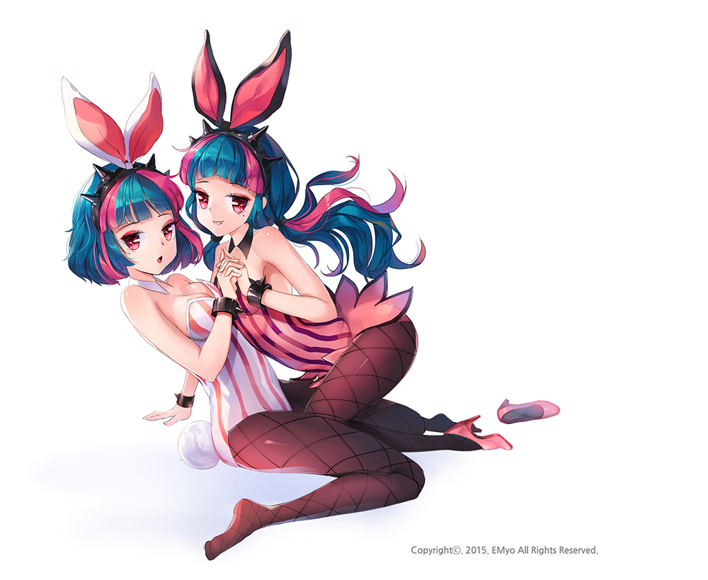 animal_ears blue_hair breasts bunny_ears bunny_girl bunny_tail bunnysuit cleavage cuffs detached_collar fake_animal_ears fake_tail fishnet_pantyhose fishnets grin high_heels kneeling looking_at_viewer maplestory maplestory_2 medium_breasts mint_(maplestory2) mole mole_under_eye multicolored_hair multiple_girls open_mouth pantyhose pink_hair red_eyes shoes simple_background single_shoe sitting small_breasts smile tail two-tone_hair vanilla_(maplestory2) white_background yumaomi