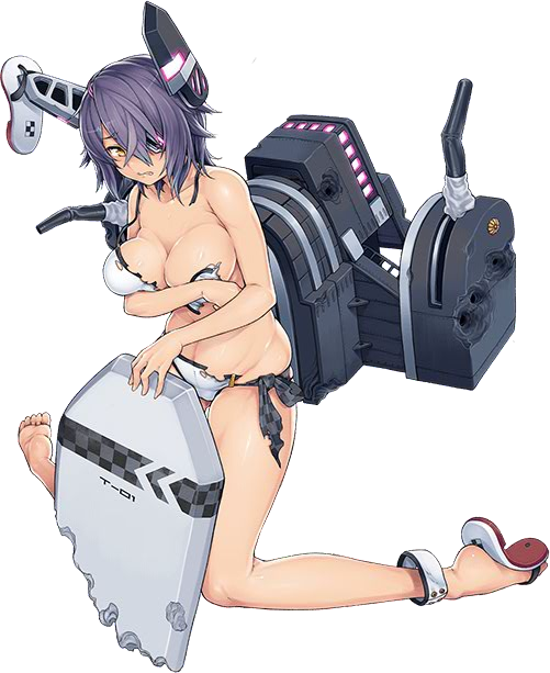ayaki barefoot bikini blush breasts cannon cleavage eyepatch fingerless_gloves flip-flops full_body gloves headgear kantai_collection kickboard kneeling large_breasts official_art open_mouth purple_hair sandals shoes short_hair single_sandal single_shoe solo surfboard swimsuit tenryuu_(kantai_collection) torn_clothes transparent_background turret weapon yellow_eyes