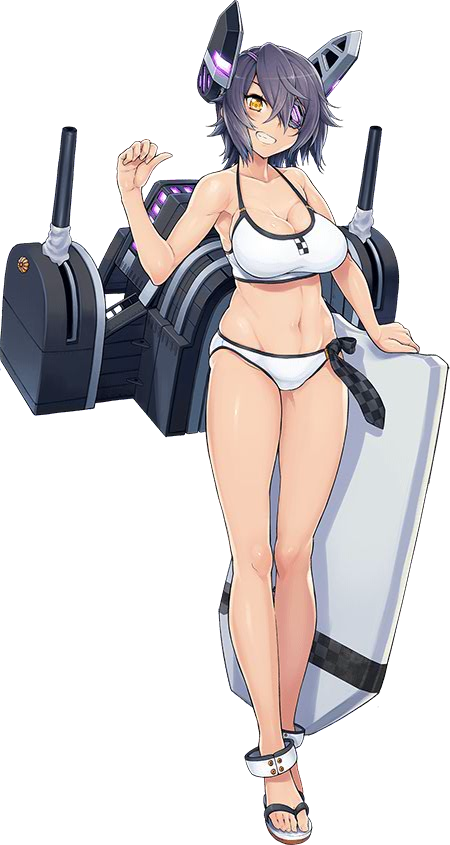 anklet ayaki bikini blush breasts cannon checkered checkered_neckwear cleavage collarbone eyepatch flip-flops full_body grin groin headgear jewelry kantai_collection kickboard large_breasts long_legs machinery navel necktie official_art open_mouth orange_eyes purple_hair sandals short_hair smile solo standing swimsuit taut_bikini taut_clothes taut_swimsuit tenryuu_(kantai_collection) thumbs_up transparent_background turret weapon white_bikini