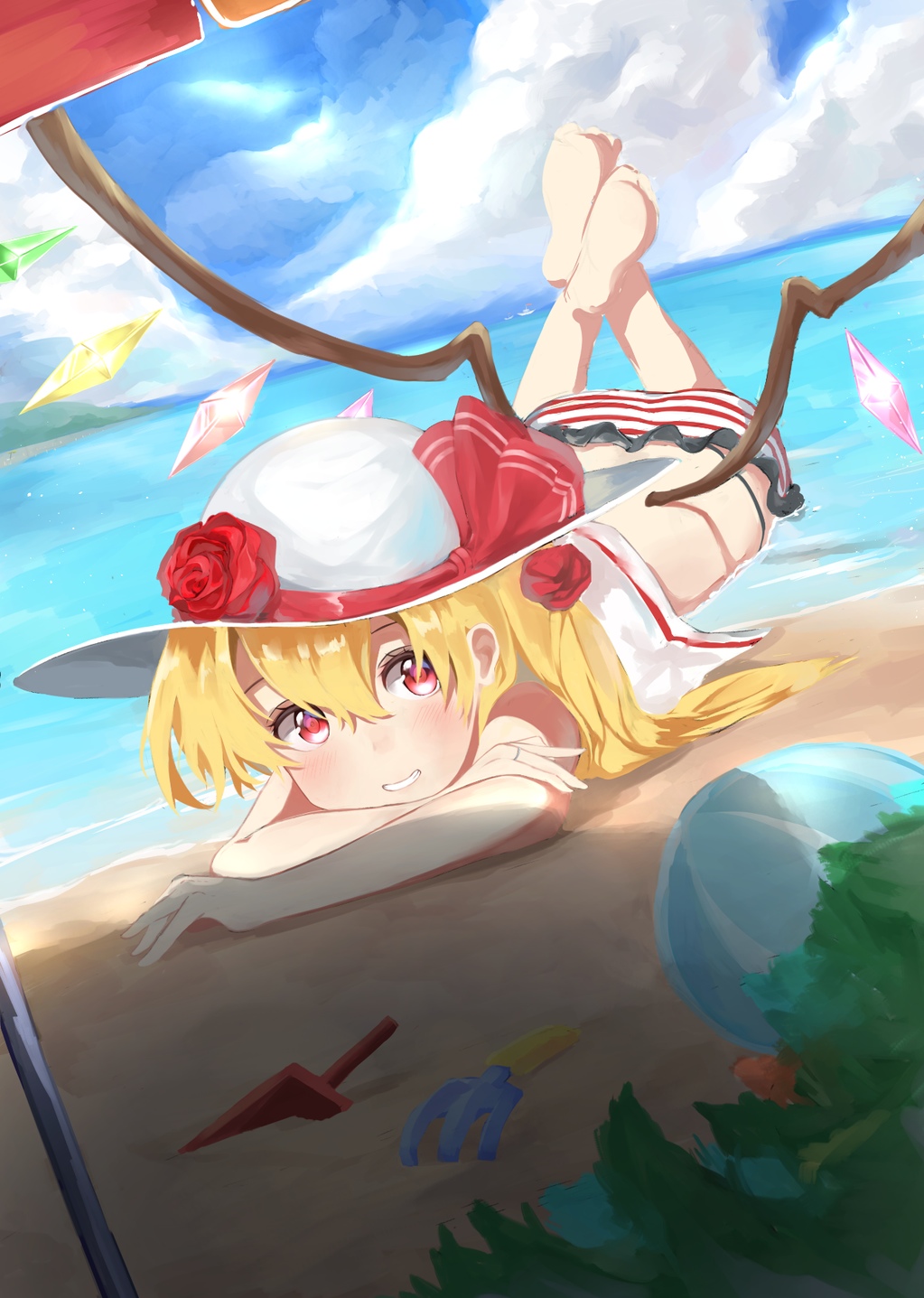 ball beach beach_umbrella beachball blonde_hair blush cloud day dutch_angle emushake flandre_scarlet flower grin hat hat_flower hat_ribbon highres horizon long_hair looking_at_viewer lying ocean on_stomach outdoors red_eyes red_flower red_rose ribbon rose shade side_ponytail sky smile solo swimsuit touhou umbrella wings
