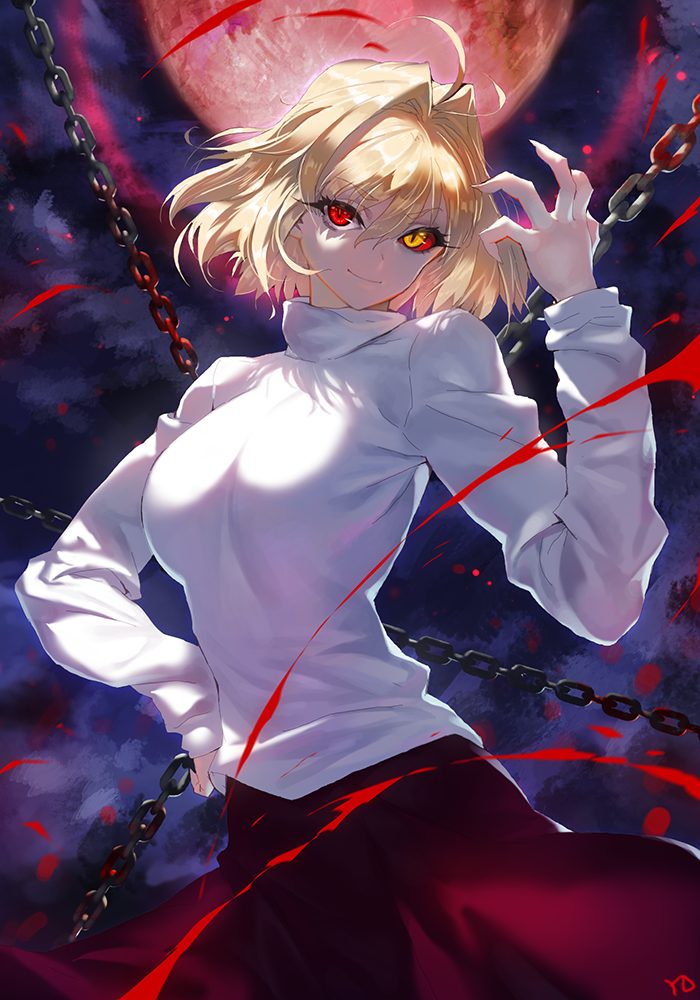 ahoge arcueid_brunestud blonde_hair breasts chain fingernails hair_intakes hand_on_hip heterochromia large_breasts light_smile long_fingernails looking_at_viewer melty_blood moon purple_skirt red_eyes red_moon red_sclera short_hair signature skirt slit_pupils solo sweater tsukihime warcueid yang-do yellow_eyes