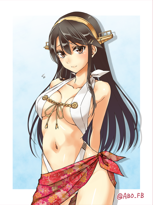 abo_(hechouchou) adapted_costume black_hair breasts commentary_request hair_ornament hairband hairclip haruna_(kantai_collection) kantai_collection long_hair medium_breasts remodel_(kantai_collection) sarong slingshot_swimsuit solo swimsuit