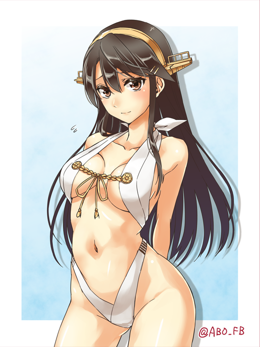 abo_(hechouchou) adapted_costume black_hair breasts commentary_request hair_ornament hairband hairclip haruna_(kantai_collection) kantai_collection long_hair medium_breasts remodel_(kantai_collection) slingshot_swimsuit solo swimsuit
