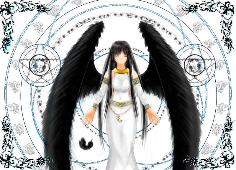 black_hair closed_eyes feathers long_hair mabinogi morrighan solo wings