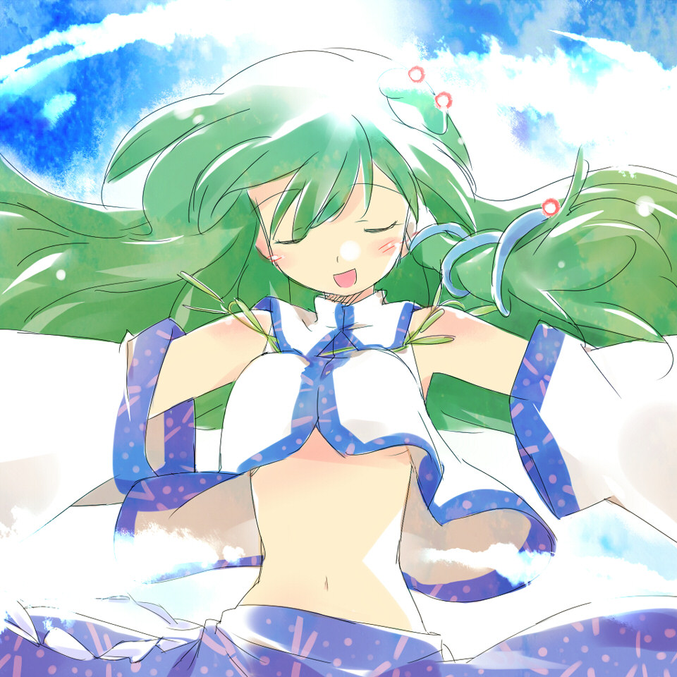asoka closed_eyes detached_sleeves frog green_hair hair_ornament japanese_clothes kochiya_sanae long_hair md5_mismatch midriff navel outstretched_arms shirt_lift sketch snake solo spread_arms touhou wind wind_lift