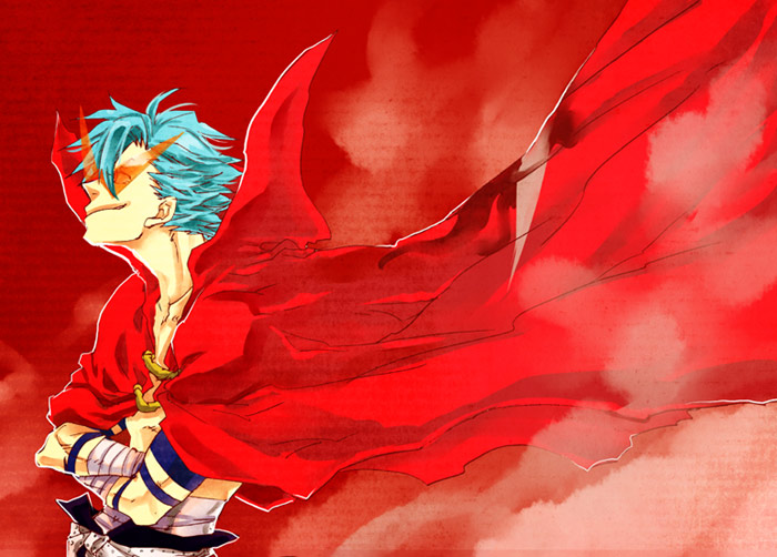 blue_hair cape crossed_arms hoshino_hitsuki kamina kamina_shades male_focus sarashi solo tattoo tengen_toppa_gurren_lagann