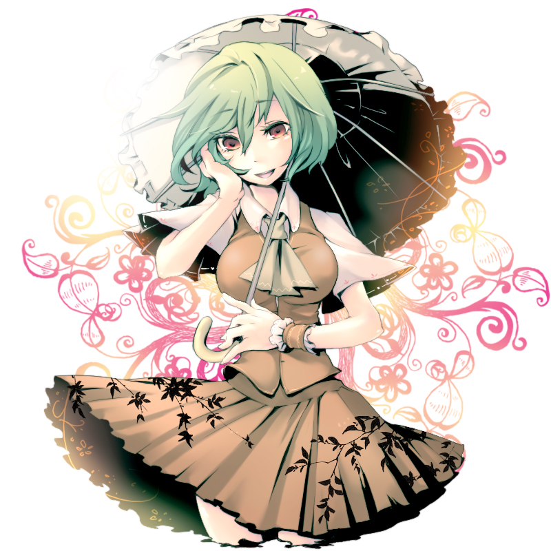 adjusting_hair ascot breasts floral_background green_hair head_tilt impossible_clothes impossible_vest kazami_yuuka large_breasts parasol pleated_skirt red_eyes short_hair skirt skirt_set smile solo touhou umbrella vest wristband zen_(raspberry)