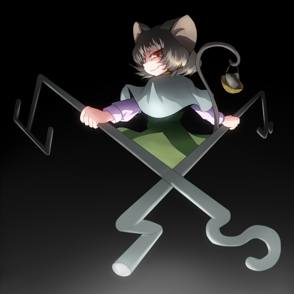 animal_ears basket capelet dowsing_rod grey_hair looking_back mouse mouse_ears mouse_tail nazrin red_eyes short_hair simple_background smirk solo tail tora_(trampjing) touhou