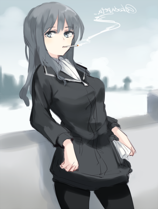 black_legwear blue_eyes cigarette elizabeth_f_beurling grey_hair kodamari leaning_back long_hair long_sleeves pantyhose smoking solo twitter_username world_witches_series