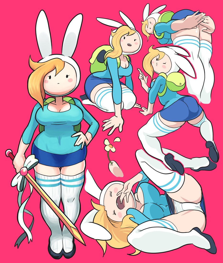 1girl adventure_time animal_hood ass backpack bag blonde_hair breasts bunny_hood cleavage fionna gashi-gashi on_side panties ribbon simple_background skirt socks spread_legs sword thighhighs underwear white_panties