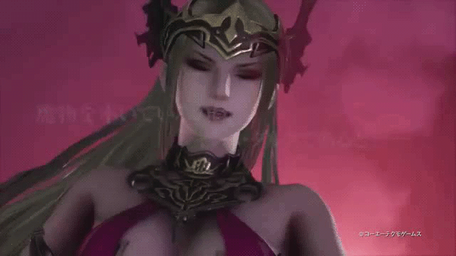3d animated animated_gif bare_shoulders bladestorm bladestorm_nightmare blonde_hair breasts cleavage cleavage_cutout close-up close_up corruption dragon evil female gradient gradient_background jeanne_d'arc jeanne_d'arc joan_of_arc joan_of_arc_(bladestorm) laughing leotard lips long_hair pale_skin red_eyes sound standing