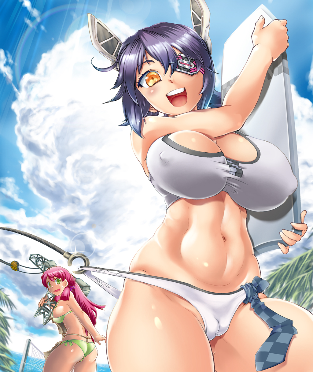 akashi_(kantai_collection) apron bikini blush breasts cameltoe commentary_request covered_nipples crane deshima_shin eyepatch green_eyes hair_ribbon headgear highres hook kantai_collection kickboard large_breasts long_hair looking_at_viewer marine_day midriff multiple_girls necktie open_mouth pink_hair purple_hair ribbon short_hair smile swimsuit tenryuu_(kantai_collection) tress_ribbon yellow_eyes