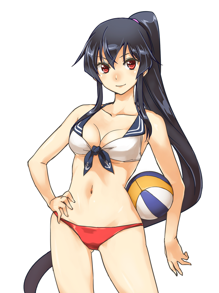 abo_(hechouchou) ball beachball bikini black_hair breasts cleavage collarbone contrapposto hand_on_hip kantai_collection long_hair medium_breasts navel ponytail red_eyes smile solo standing swimsuit transparent_background very_long_hair yahagi_(kantai_collection)