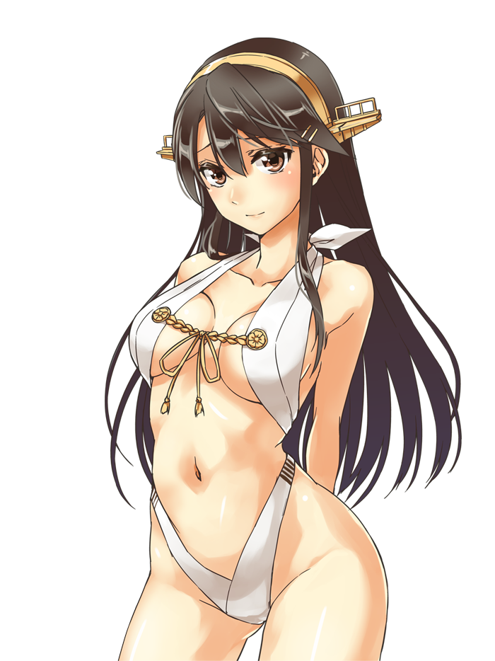 abo_(hechouchou) adapted_costume arms_behind_back bikini black_hair breasts brown_eyes cowboy_shot hair_ornament hairband hairclip halterneck haruna_(kantai_collection) highleg highleg_swimsuit kantai_collection large_breasts long_hair navel remodel_(kantai_collection) slingshot_swimsuit solo swimsuit textless transparent_background white_swimsuit