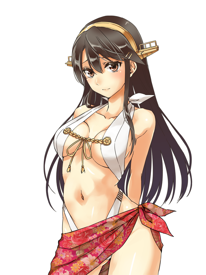 abo_(hechouchou) adapted_costume bikini black_hair breasts brown_eyes collarbone floral_print hair_ornament hairband hairclip haruna_(kantai_collection) kantai_collection large_breasts long_hair navel remodel_(kantai_collection) sarong slingshot_swimsuit solo swimsuit textless transparent_background very_long_hair