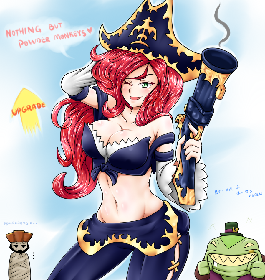 bound breasts cleavage gangplank gun hat large_breasts league_of_legends long_hair midriff navel red_hair sarah_fortune tahm_kench tied_up top_hat vilde_loh_hocen weapon