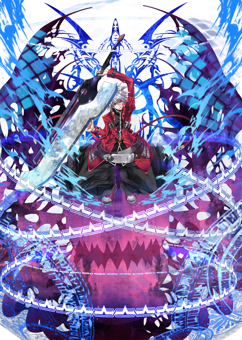 black_pants blazblue blazblue_insignia commentary_request high_collar highres jacket looking_at_viewer male_focus pants ragna_the_bloodedge red_eyes silver_hair solo sword weapon yuu_(asaiyuji)