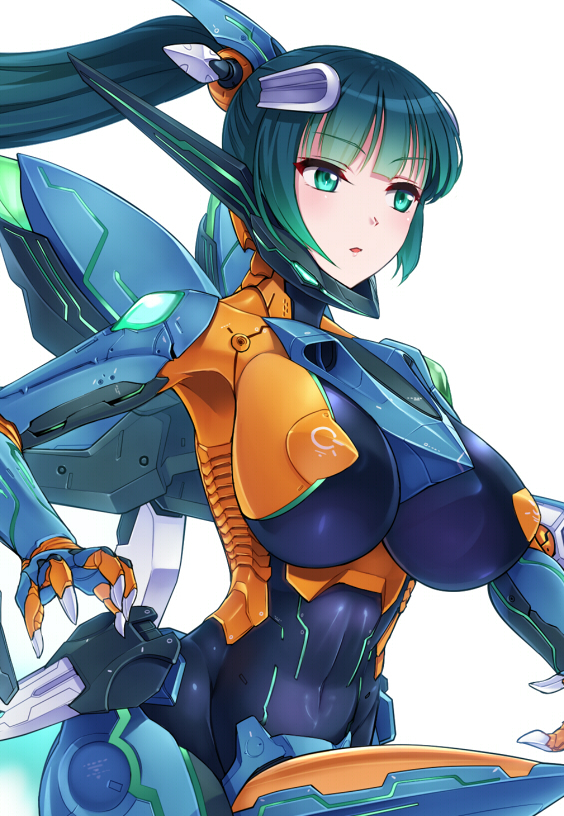 armpits bad_id bad_pixiv_id blush bodysuit breasts covered_navel green_eyes green_hair headgear jehuty large_breasts long_hair mecha_musume open_mouth personification ponytail skin_tight solo vuccha white_background zone_of_the_enders