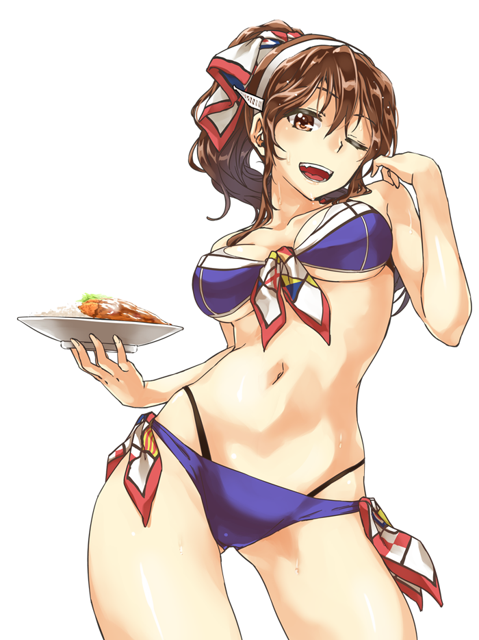 abo_(hechouchou) alternate_hairstyle ashigara_(kantai_collection) bikini blue_bikini breasts brown_eyes brown_hair contrapposto cowboy_shot curry curry_rice food hairband kantai_collection long_hair looking_at_viewer medium_breasts navel one_eye_closed ponytail rice solo standing sweat swimsuit textless transparent_background