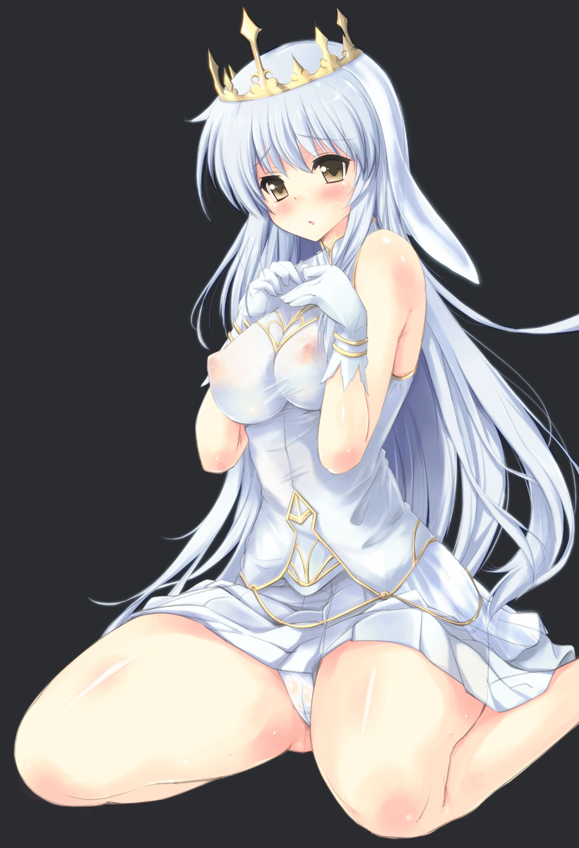 aiyoku_no_eustia bare_shoulders black_background blue_dress blue_hair blush breasts commentary_request covered_nipples crown dress gloves highres long_hair looking_at_viewer medium_breasts panties pantyshot saint_irene see-through sleeveless solo thick_thighs thighs underwear white_gloves white_panties yellow_eyes yuu_(yumezakura)