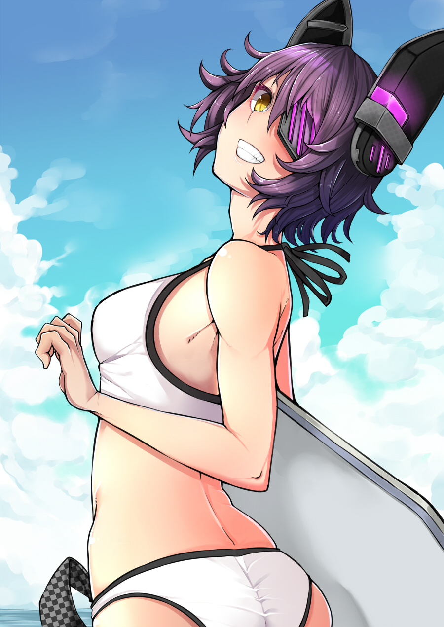 arched_back ass bikini blue_sky breasts cloud commentary_request day eyepatch from_side grin headgear highres holding kantai_collection kickboard looking_at_viewer looking_to_the_side medium_breasts messy_hair mikan_(chipstar182) outdoors purple_hair short_hair sky smile solo swimsuit tenryuu_(kantai_collection) upper_body white_bikini yellow_eyes