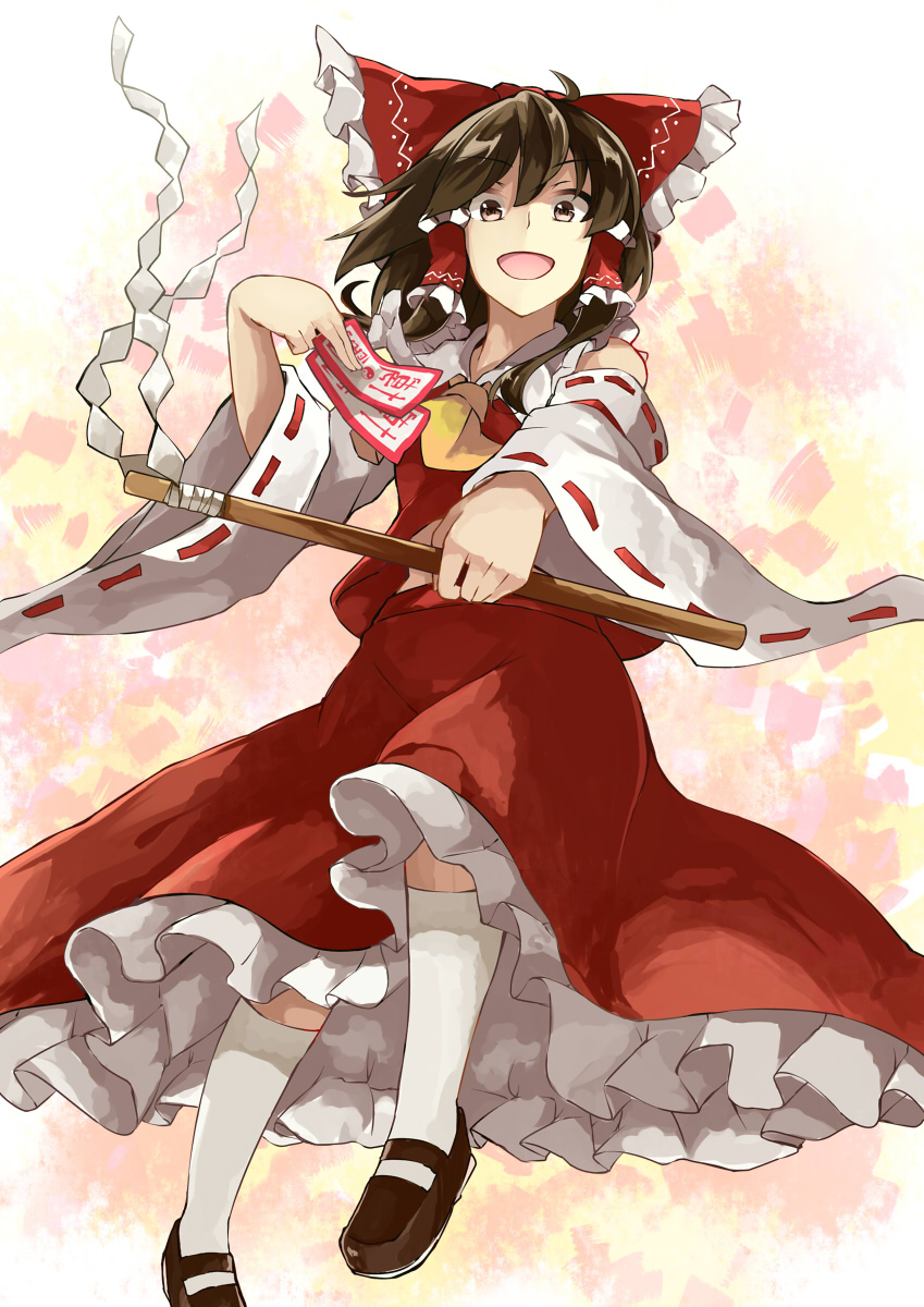 abo_(hechouchou) bow brown_eyes brown_hair deetamu detached_sleeves gohei hair_bow hair_tubes hakurei_reimu highres long_sleeves looking_at_viewer mary_janes open_mouth ribbon-trimmed_sleeves ribbon_trim shirt shoes skirt skirt_set smile solo spell_card touhou wide_sleeves