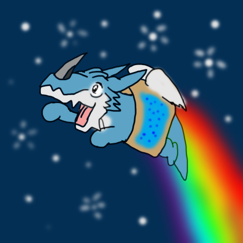 anime blade blue_skin crossover cute digimon dragon exveefan exveemon flying food humor lizard low_res male nyan_cat open_mouth outer_space poptart rainbow raised_arm reptile scalie solo star tongue wings