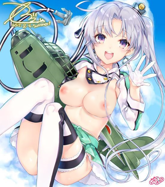 1girl :d adapted_costume ahoge akitsushima_(kantai_collection) anchor bangs breasts cleavage_cutout earrings flying_boat gloves grey_hair hair_ornament hair_ribbon jewelry kaguyuzu kantai_collection long_hair looking_at_viewer machinery military military_uniform nipples open_mouth parted_bangs payot photoshop pleated_skirt purple_eyes purple_hair ribbon side_ponytail skirt smile solo thighhighs uniform white_gloves zettai_ryouiki