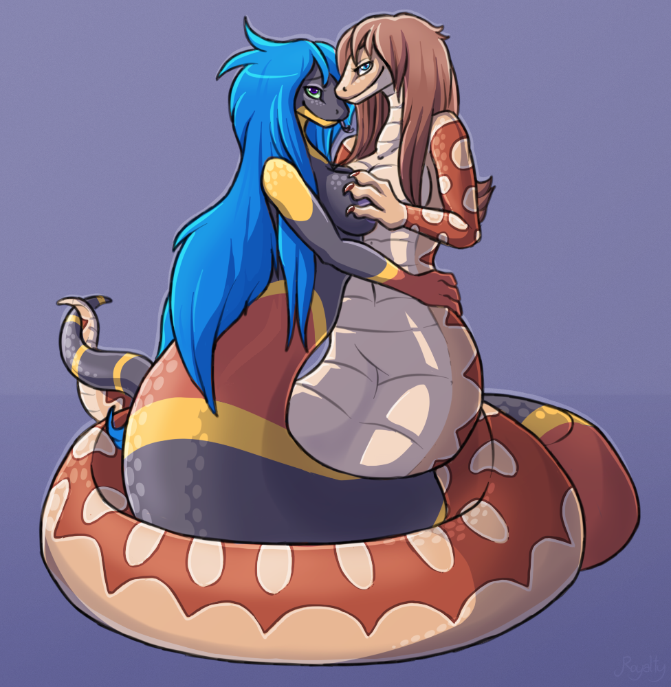 2013 anthro blue_eyes blue_hair breasts brown_hair coiling duo female female/female forked_tongue green_eyes grope hair liara_(microphone) naga nude reptile royalty_(artist) scalie smile snake tongue