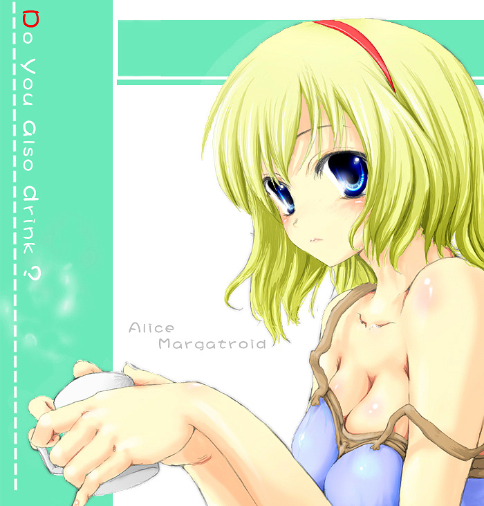 alice_margatroid bad_id bad_pixiv_id bare_shoulders blonde_hair blue_eyes breasts cleavage cup dot_r english hairband medium_breasts mug off_shoulder short_hair solo touhou