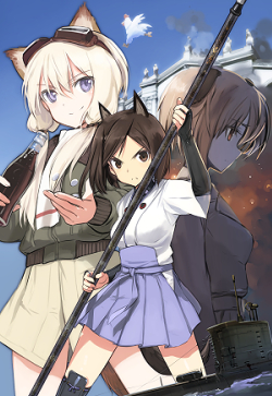 &gt;:( animal_ears bird blonde_hair bottle brown_hair carla_j_luksic cat_ears chicken frown goggles goggles_on_head hakama_skirt japanese_clothes jennifer_j_deblanc kuroda_kunika lavender_eyes low_twintails lowres military military_uniform multiple_girls noble_witches scarf shimada_fumikane short_hair smile soda_bottle submarine twintails uniform v-shaped_eyebrows watercraft white_scarf world_witches_series