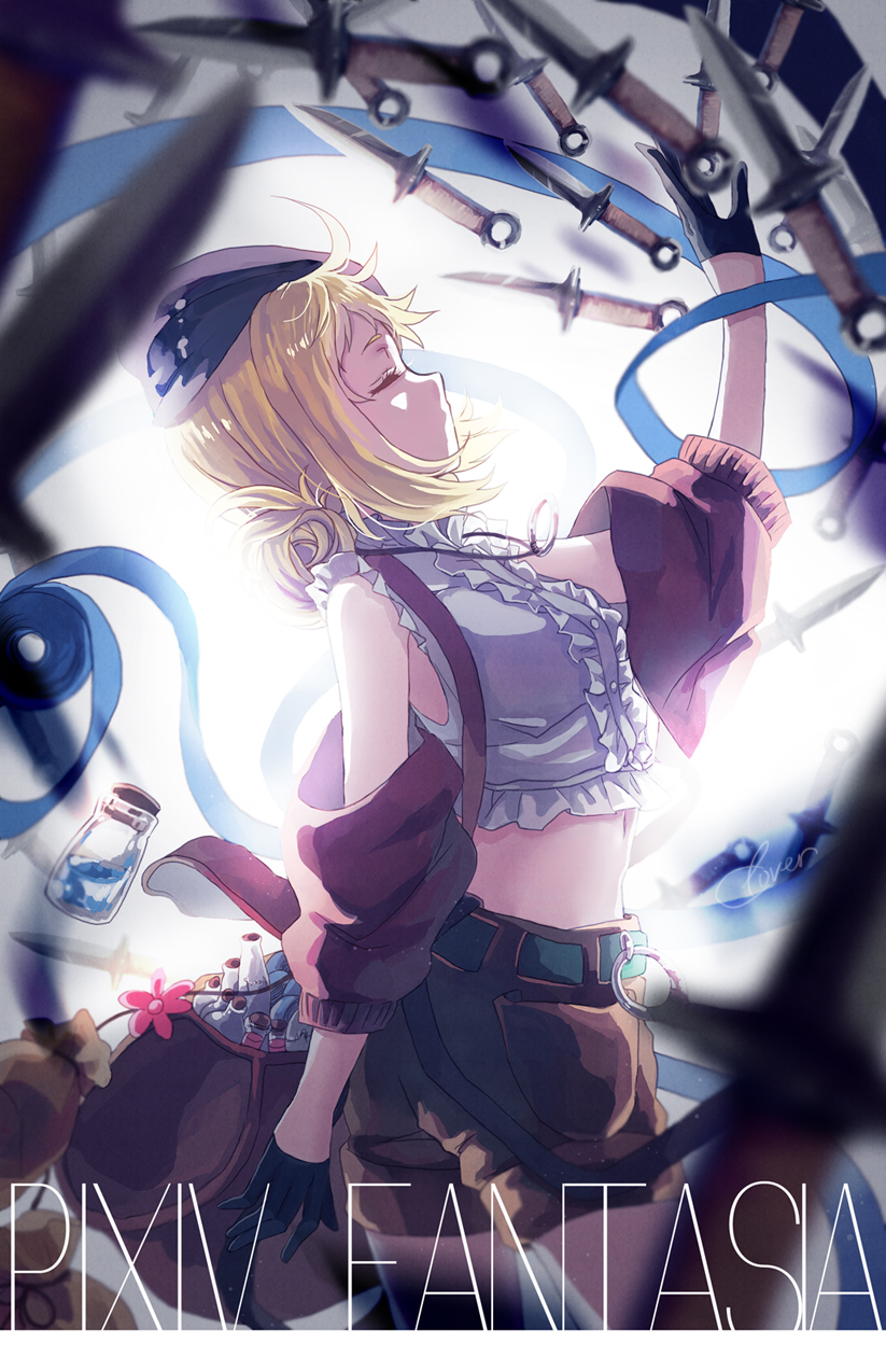blonde_hair closed_eyes commentary_request highres knife li_luo midriff pixiv_fantasia pixiv_fantasia_t short_hair solo