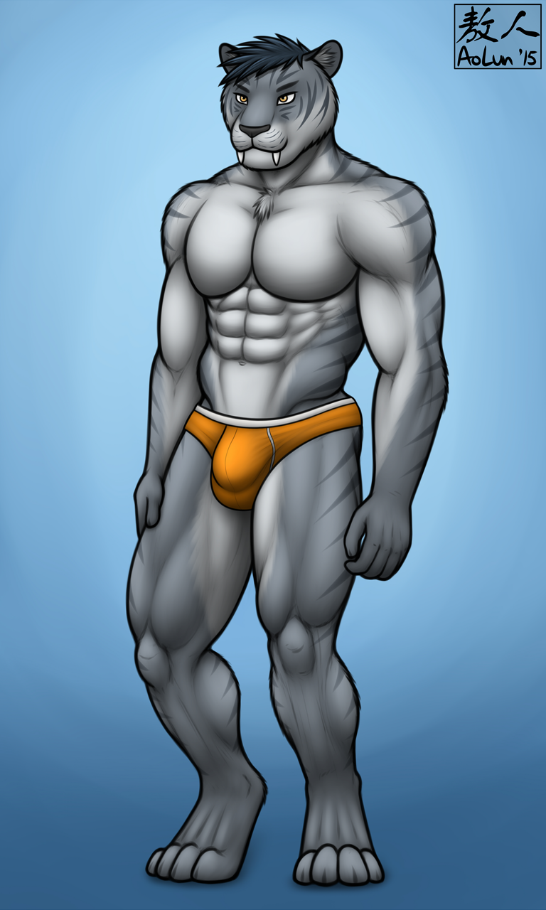2015 abs anthro aolun biceps blue_fur blue_hair briefs bulge chest_tuft clothed clothing fangs feline front_view fur grey_fur hair half-dressed male mammal markings muscles pecs saber-toothed_cat solo standing stripes toned topless tuft underwear yellow_eyes