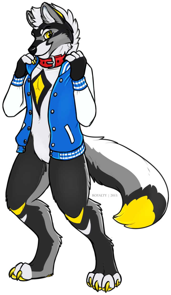 2015 alpha_channel anthro black_fur bottomless canine claws clothed clothing collar fur gloves grey_fur half-dressed jacket looking_back male mammal markings pawpads paws portrait pose royalty_(artist) smile solo toqen white_fur white_stripes wolf yellow_eyes yellow_fur yellow_stripes