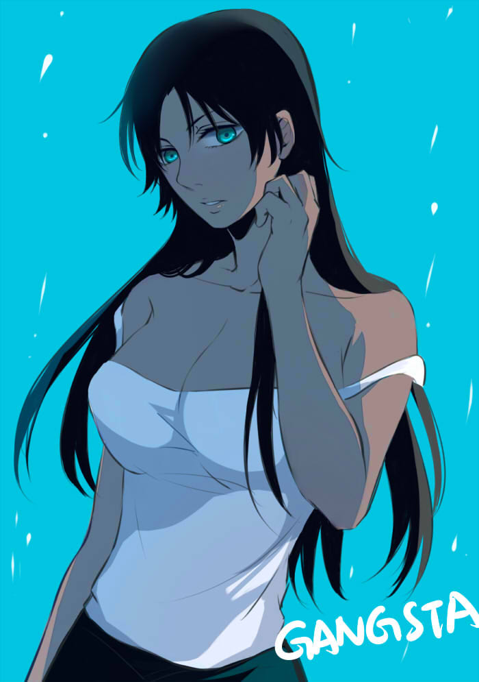 alex_benedetto black_hair blue_eyes breasts camisole cleavage copyright_name dark_skin ftpanda gangsta looking_at_viewer medium_breasts off_shoulder solo