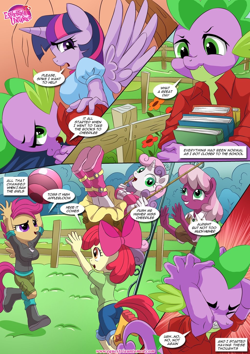 angst anthro anthrofied apple_bloom_(mlp) bbmbbf breasts cheerilee_(mlp) clothed clothing dialogue dragon english_text equestria_untamed equine feathers female friendship_is_magic hair horn legwear male mammal my_little_pony oppai_loli palcomix pegasus scootaloo_(mlp) spike_(mlp) sweetie_belle_(mlp) text twilight_sparkle_(mlp) unicorn winged_unicorn wings young