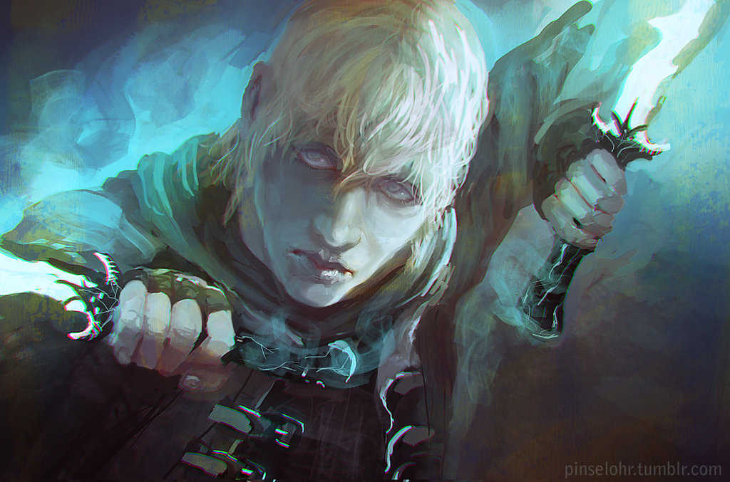 blonde_hair cole dagger dragon_age gradient gradient_background lips nose painterly short_hair solo weapon white_eyes