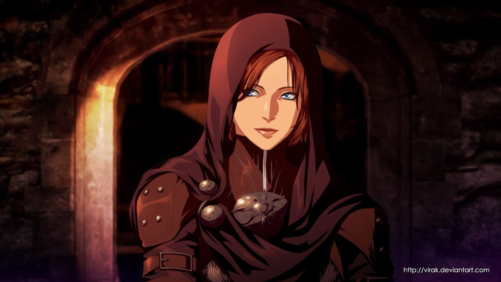 armor blue_eyes dragon_age gradient gradient_background hood leliana leliana_(dragon_age) red_hair smile solo