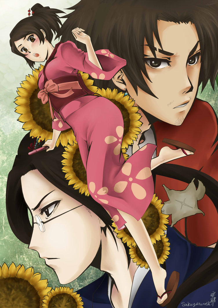 2boys afro animal black_hair bracelet brown_eyes brown_hair facial_hair flying_squirrel fuu fuu_(samurai_champloo) glasses gradient gradient_background hair_ornament highres japanese_clothes jewelry jin_(samurai_champloo) kimono long_hair mugen mugen_(samurai_champloo) multiple_boys samurai_champloo squirrel stubble twintails vector_trace wide_sleeves