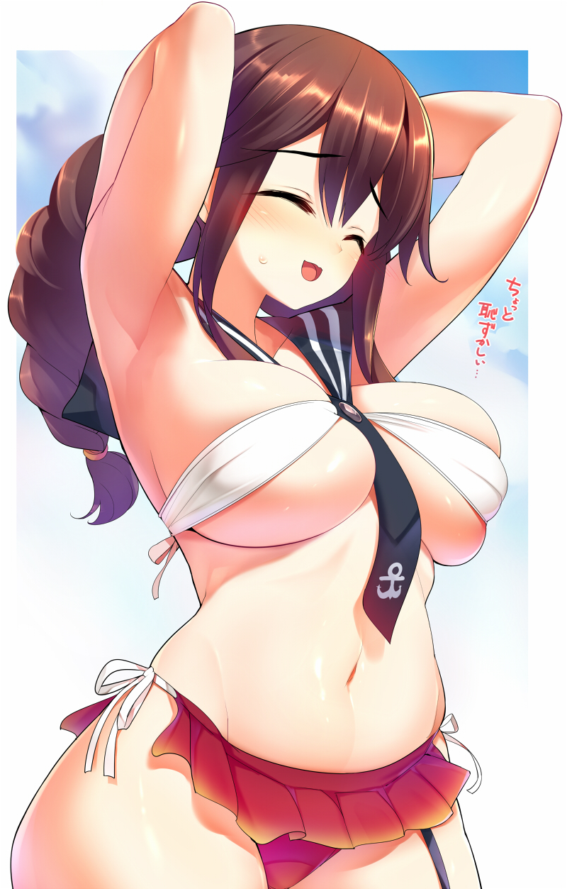 adapted_costume armpits arms_up blush breasts brown_hair closed_eyes dragonmaterial highres kantai_collection large_breasts long_hair noshiro_(kantai_collection) open_mouth panties red_panties sailor_collar side-tie_panties smile solo translated underwear