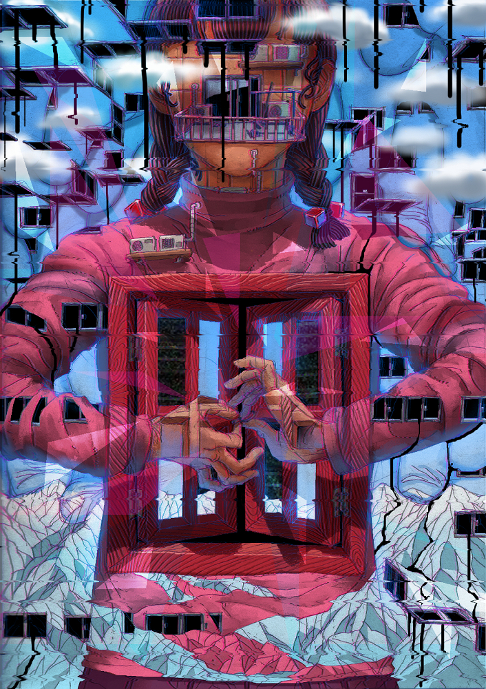 bad_id bad_pixiv_id braid commentary_request dripping faceless glitch hair_ornament hands_on_own_chest long_sleeves madotsuki object_namesake pink_shirt shigeyama_mohachi shirt solo static surreal twin_braids upper_body window yume_nikki